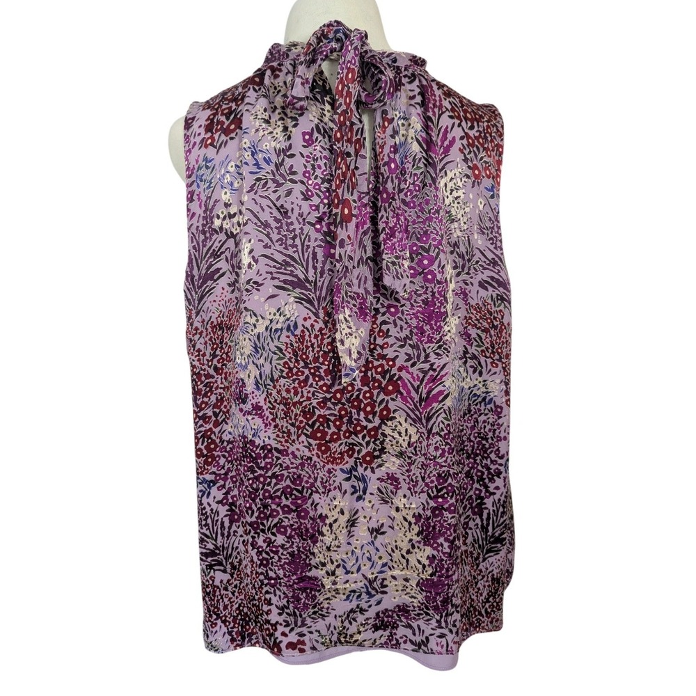 Floral Sleeveless Tie Back Blouse Purple Lavender Garden Print Shell Large